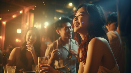 Fototapeta na wymiar Asian adults laughing and drinking having fun at a party in a bar