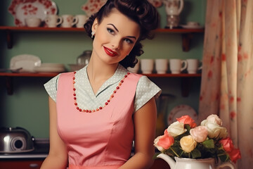 Portrait of an attractive housewife at the kitchen. 50s retro life style