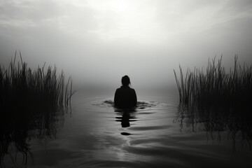 Woman walking in water fully dressed back view silhouette - Powered by Adobe