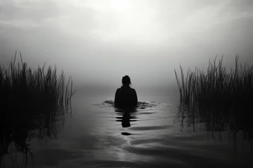 Foto op Plexiglas Sprookjesbos Woman walking in water fully dressed back view silhouette