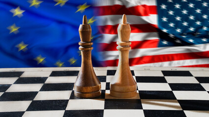 Politics. EU and USA. Diplomatic relations. Pieces on a chessboard