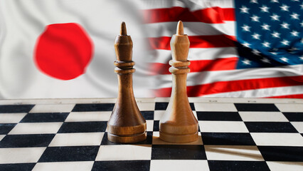 Politics. Japan and USA. Diplomatic relations. Pieces on a chessboard
