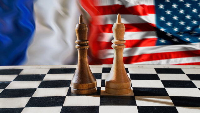 Politics. France and USA. Diplomatic relations. Pieces on a chessboard
