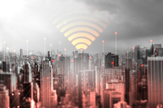 Modern city 5g global wireless wifi technology telecommunication background