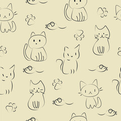 Cute vector cats. Seamless pattern cats, mouse and paw. Children's drawing