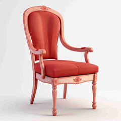 Naklejka premium 3D image of chair, with red fabric, antiqued wood body and white floor, image isolated