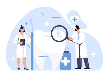 Team of dentists concept. Man and woman in medical gowns with tooth. Oral hygiene and health care. Dentists equipment and magnifying glass. Cartoon flat vector illustration