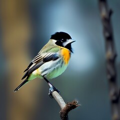 Obraz premium a small bird perched on a branch in a dark room with a light shining on it's back 