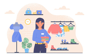 Woman in fashion store concept. Young girl with clothes on background of shoes. Trend and style. Seller in mall and store. Aesthetics and elegance. Cartoon flat vector illustration