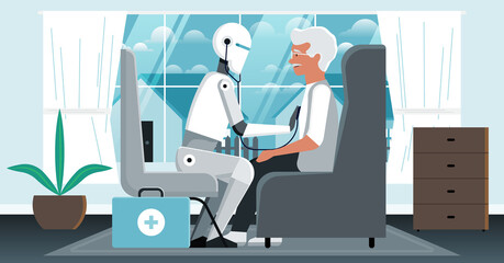 Robot enfermero auscultando a anciano paciente en su casa. - obrazy, fototapety, plakaty