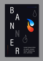 Fire and water black banner concept. Abstract art object. Nature elements in minimalistic style. Poster or cover for website. Cartoon flat vector illustration isolated on grey background