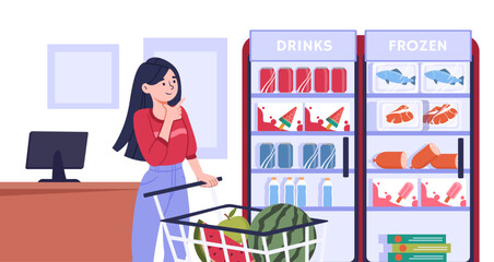 Woman buy frozen food concept. Young girl with cart near ice cream, fish and meat. Natural and organic products, vegetables and fruits. Soda and water, drinks. Cartoon flat vector illustration