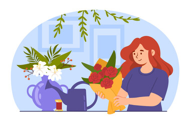Woman florist concept. Young girl with with flowers and bouquet. Love and care about plants. Aesthetics, beauty and elegance. Botany and horticulture. Cartoon flat vector illustration
