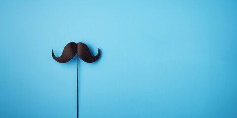 Black moustaches on wooden stick on blue background. Healthy Lifestyle, Supporting the "Movember" movement within initiatives focused on men's health. Banner with copy space
