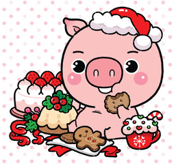 Cute Baby Pig Enjoys Eating Gingerbread Cookies. Christmas Bakery and Food. Merry Christmas Party. Cartoon Kawaii Style