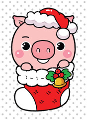 Cute baby pig in Santa Claus costume in red socks at Christmas Theme, Cartoon Kawaii Style