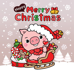 Cute baby pig in Santa Claus costume with a red gift bag sits on a sleigh at Christmas night background, Japanese Cartoon Style.