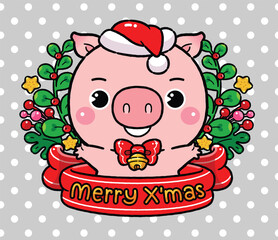 Cute Baby Pig in Santa Claus Costume, inside decorative red ribbon Christmas banners. Christmas Wreath, Merry Christmas Theme. Vector illustration.