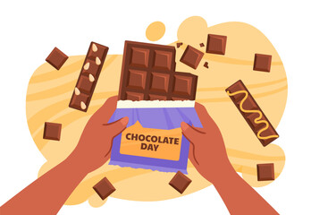 Hands with chocolate concept. Character with bar with nuts. Dessert and delicacy, sweet food with sugar, candy. International holiday and festival. Cartoon flat vector illustration