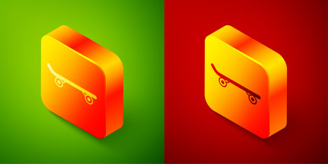 Isometric Skateboard icon isolated on green and red background. Extreme sport. Sport equipment. Square button. Vector
