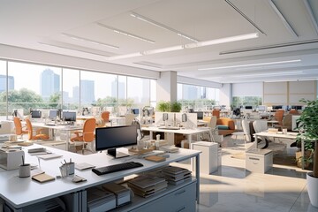 Stylish and functional modern office with natural lighting and contemporary design elements. Generative AI