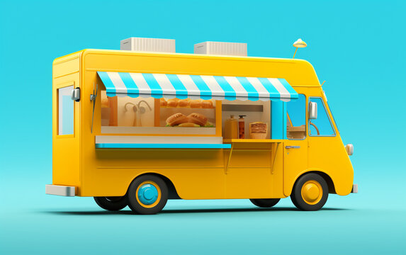 A vivid Yellow fast food truck contrasts beautifully with a warm blue background, offering a template for text insertion and a distinct clipping path.
