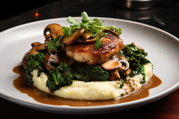 Chicken With Mushrooms and Kale over Mashed Potatoes