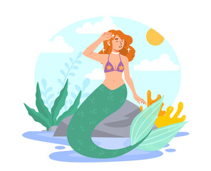 Obraz na płótnie Canvas Mermeid at lake concept. Fairy tale and fictional character at stone. Imagination and fantasy. Young girl with fish tail. Aesthetics and elegance. Cartoon flat vector illustration