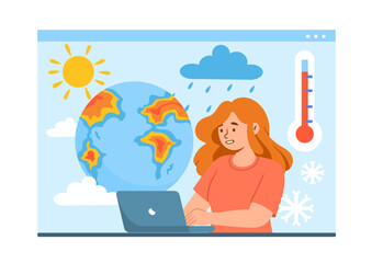 Meteorologist girl with laptop concept. Young woman with globe and temperature. Rain, snow and sun. Character near thermometer. Studying and researching. Cartoon flat vector illustration