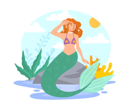 Mermeid at lake concept. Fairy tale and fictional character at stone. Imagination and fantasy. Young girl with fish tail. Aesthetics and elegance. Cartoon flat vector illustration