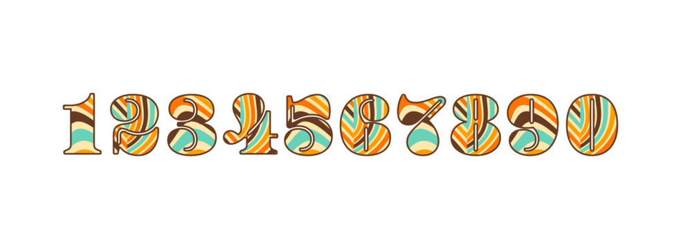 Retro 60's 70's Style Numbers Vector Template Set Transparent Background