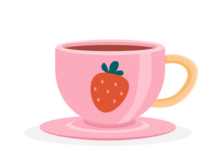 Mug for tea concept. Cup for hot drinks and coffee. Pink dishware with strawberry silhouette. Comfort and coziness. Cartoon flat vector illustration isolated on white background