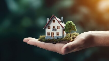 Hand holding model house for buying real estate or dream house concept. Generative Ai