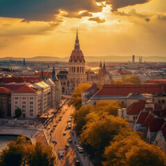 Imaginäre Stadt in Ungarn am Abend, Sonnenuntergang, Generative KI