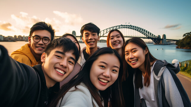 Joyful Chinese Students Capture Sydney's Splendor At Dawn: Unforgettable Selfie Moment With Iconic Harbour View