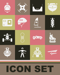 Set Hang glider, Skates, Longboard or skateboard, park, Bicycle helmet, Action extreme camera, Helmet and action and Windsurfing icon. Vector