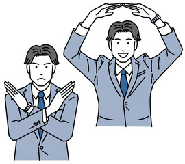 正解ポーズとバツポーズをとる男性イラスト