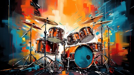 Generative AI, Jazz music street art with drums musical instrument silhouette. Ink colorful graffiti art on a textured wall, canvas background. - obrazy, fototapety, plakaty