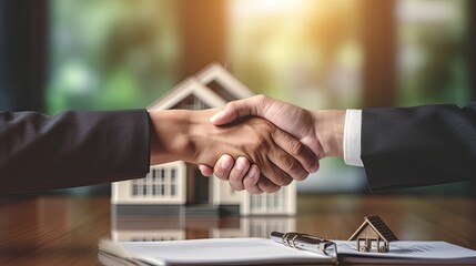 lease, rental and selling home. Dealership manager handshake customer to the new homeowner. rent house, Sales, loan credit financial, insurance, Seller, dealer, installment gen by AI - obrazy, fototapety, plakaty