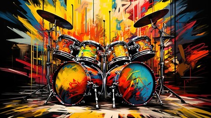 Generative AI, Jazz music street art with drums musical instrument silhouette. Ink colorful graffiti art on a textured wall, canvas background.