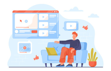 Man watching online video concept. Young guy on sofa watch tv, television. Video hosting and social media. Character with multimedia and movies, series. Cartoon flat vector illustration