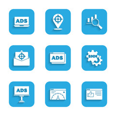 Set Advertising, Website statistic, Browser window, Social media marketing, Mail and e-mail, Magnifying glass analysis and icon. Vector