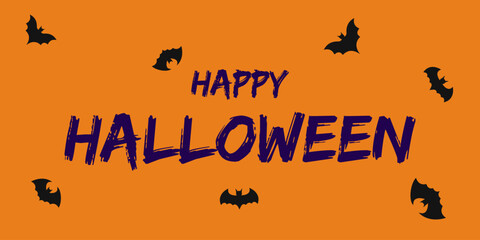 orange banner with the phrase Happy Halloween, bats. Vector illustration