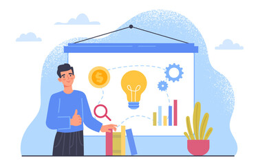Man with idea concept. Young guy with light bulb. Start up or business project, innovations. Creativity and insight, brainstorm. Talented entrepreneur or businessman. Cartoon flat vector illustration