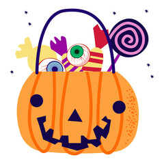 Pumpkin monster with sweets, candies  halloween vector illustration