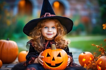 Fototapeta premium Little girl in a hat with pumpkins. Halloween holiday.