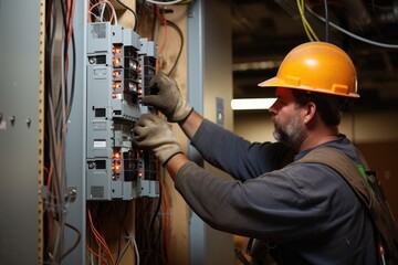 Electrician fixing electrical panel doing electrical testing and repairs.