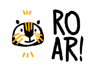 Flat vector cute tiger,  roar, cute animal character idea for child and kid printable stuff and t shirt, greeting card, nursery wall art, postcard