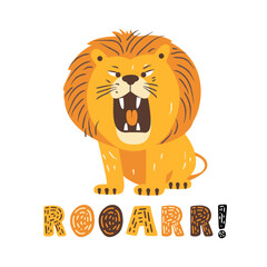 Design print of a cute funny lion. Nursery print with wild cat and lettering quote roar. Vector illustration isolated on white background. For birthday invitation, baby shower, card, poster, clothing.