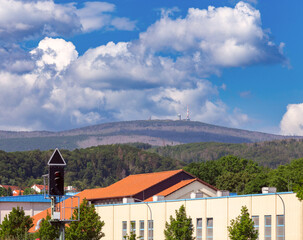 View of the famous bald mountain Brocken near Wernigerode on a sunny day.